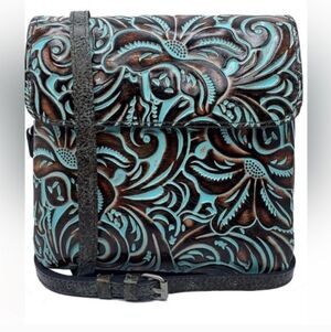 Patricia Nash Balluri Crossbody Tooled Turquoise Brown Leather Style P614133 NWT